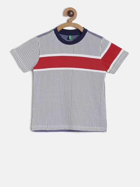 United Colors of Benetton Boys White & Blue Striped Round Neck T-shirt