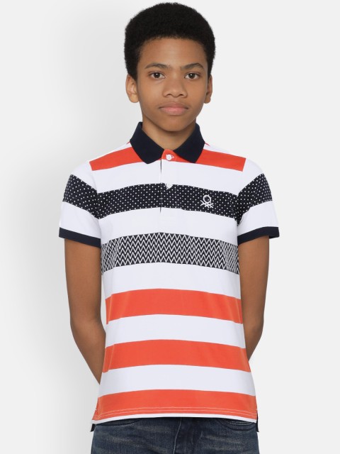 

United Colors of Benetton Boys White & Navy Striped Polo Collar T-shirt
