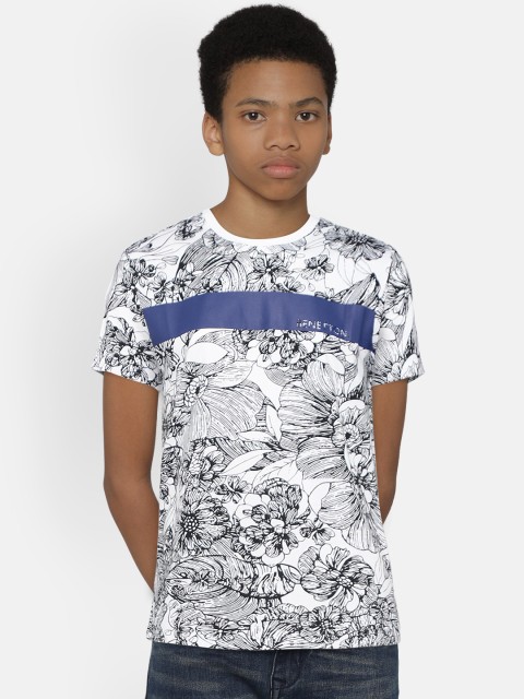 

United Colors of Benetton Boys Off-White & Black Printed Round Neck T-shirt