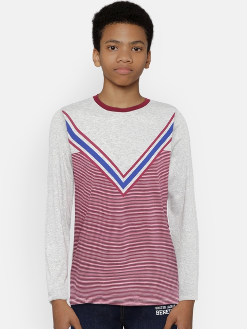 

United Colors of Benetton Boys Maroon & Grey Melange Striped Round Neck T-shirt
