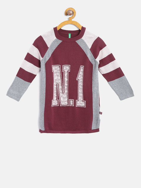 

United Colors of Benetton Girls Maroon & Grey Self Design Sweater