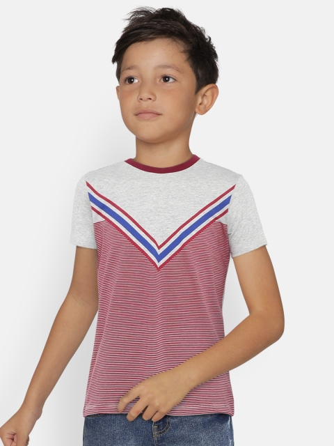 

United Colors of Benetton Boys Maroon & Grey Melange Striped Round Neck T-shirt