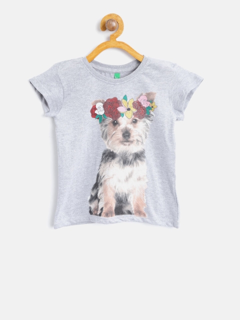 

United Colors of Benetton Girls Grey Melange Printed Round Neck T-shirt