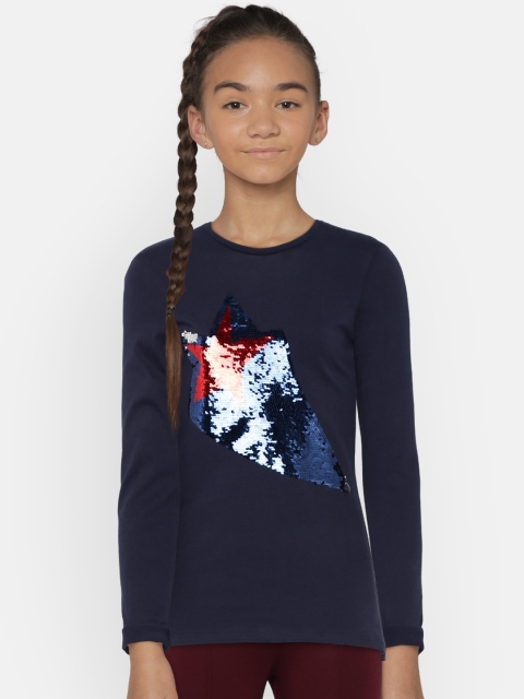 

United Colors of Benetton Girls Navy Printed Round Neck T-shirt, Navy blue