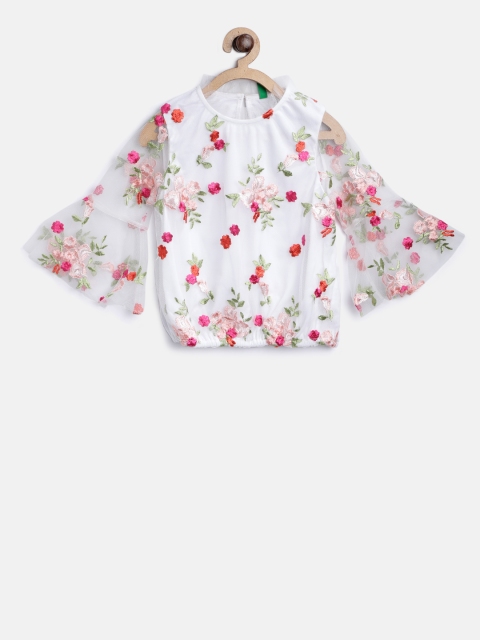 

United Colors of Benetton Girls Off-White Floral Embroidered Net Blouson Top