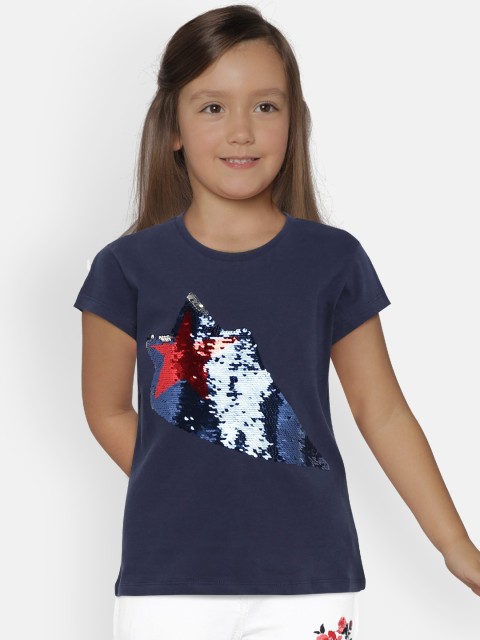 

United Colors of Benetton Girls Navy Printed Round Neck T-shirt, Navy blue