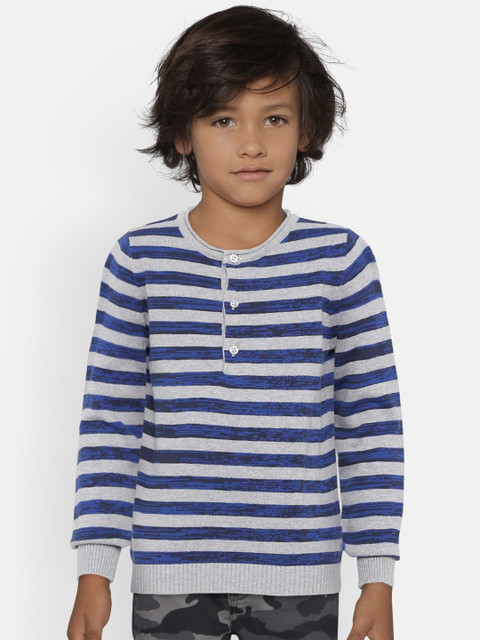 

United Colors of Benetton Boys Blue & Grey Melange Striped Sweater