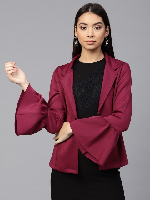 

SASSAFRAS Women Burgundy Single-Breasted Tailored Jacket with Bell Sleeves