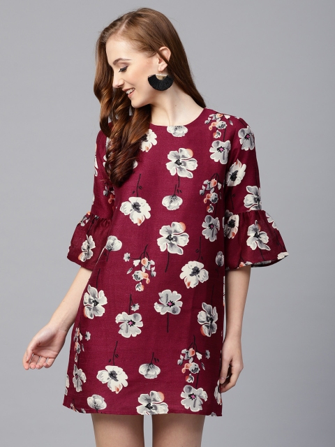 

SASSAFRAS Women Burgundy & Grey Floral Print A-Line Dress