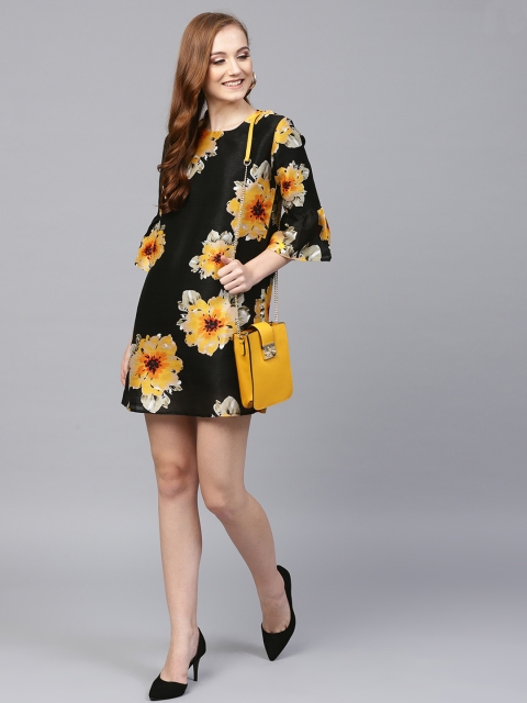 

SASSAFRAS Women Black & Yellow Printed A-Line Dress