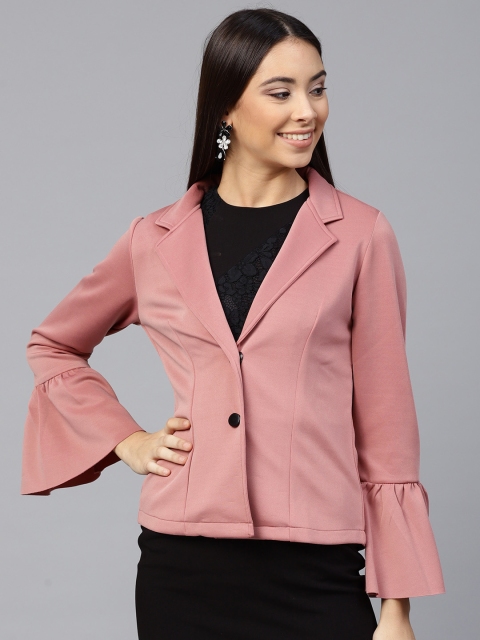 

SASSAFRAS Women Pink Single-Breasted Tailored Jacket with Ruffle Sleeves