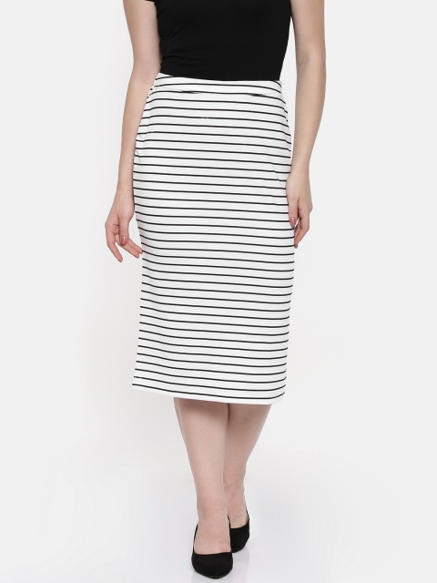 

AND Women White & Black Striped Midi Length Pencil Skirt