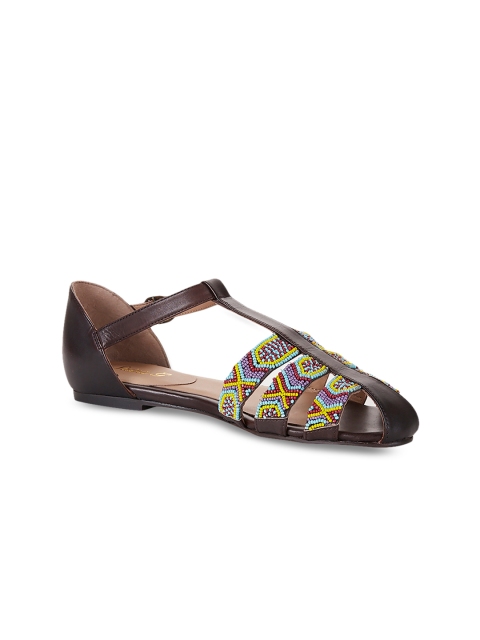 

Saint G Women Brown Embellished Leather T-Strap Flats