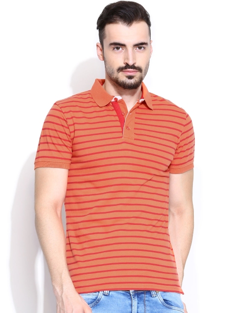 

Celio Orange Striped Polo Pure Cotton T-shirt