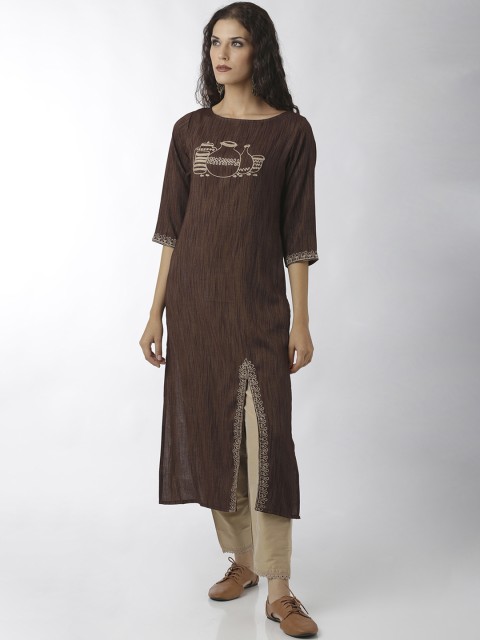 

breya Women Brown Embroidered Straight Kurta
