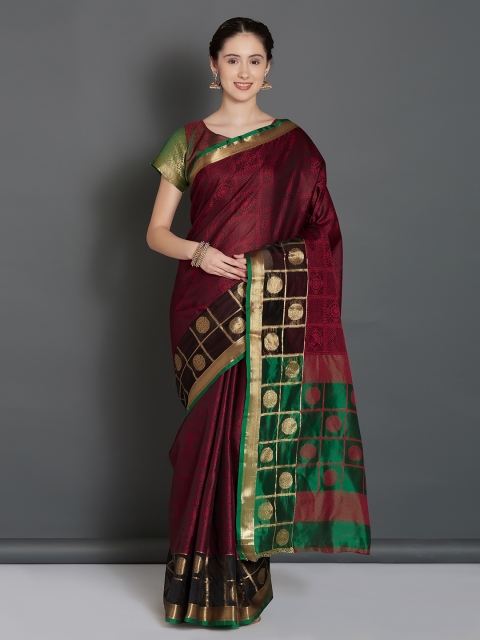 

Mitera Maroon & Green Embroidered Banarasi Saree