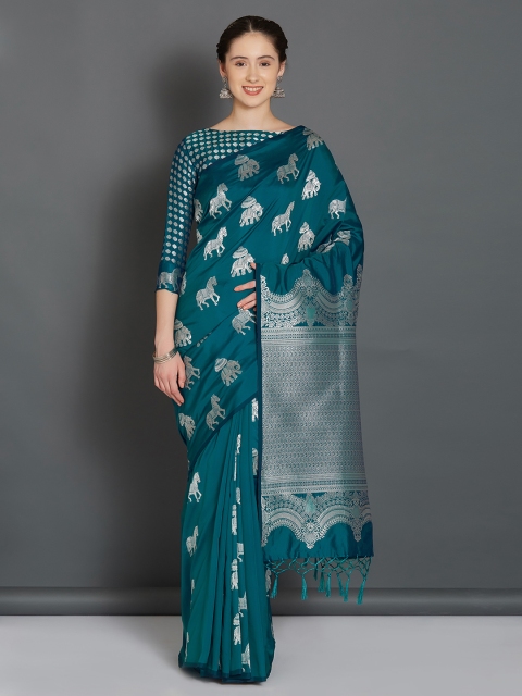 

Mitera Teal Silk Blend Woven Design Kanjeevaram Saree