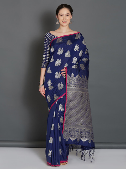 

Mitera Navy Blue & Silver-Toned Woven Design Banarasi Saree