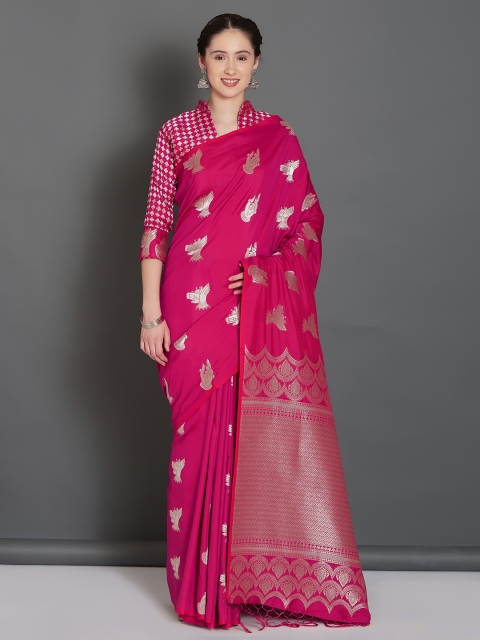 

Mitera Pink & Silver-Toned Woven Design Banarasi Saree