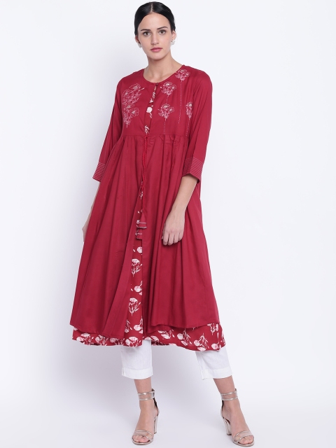 

Rangriti Women Maroon & White Printed Layered A-Line Kurta
