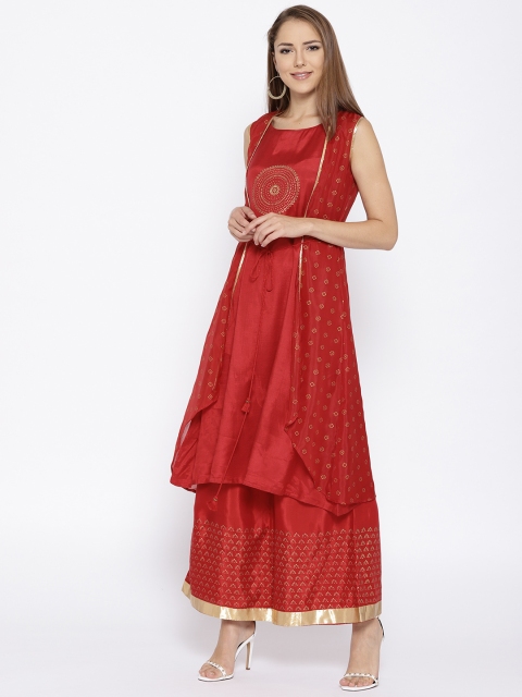 

Rangriti Women Red & Golden Solid A-Line Kurta with Ethnic Jacket