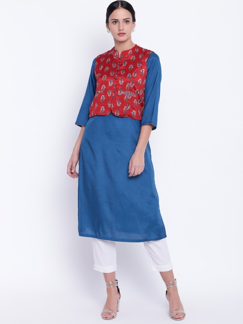 

Rangriti Women Teal Blue & Red Solid Straight Kurta