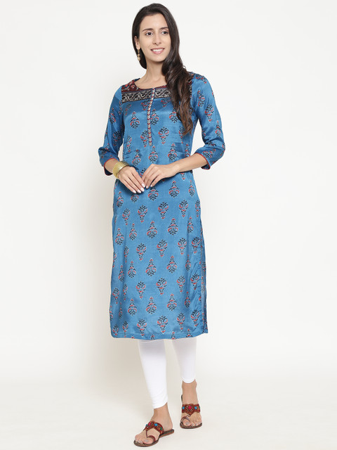 

Rangriti Women Teal Blue Printed Straight Kurta