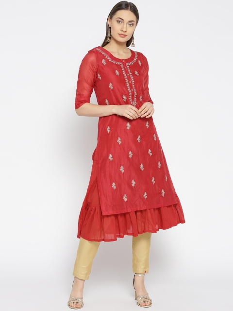 

Rangriti Women Red Embroidered Layered Tiered A-Line Kurta