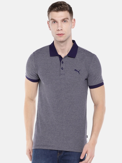 

Puma Men Navy Blue & White Slim Fit India Pin-Striped Polo Collar T-shirt