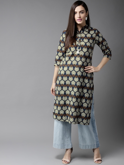 

HERE&NOW Women Navy Blue & Beige Printed Straight Kurta