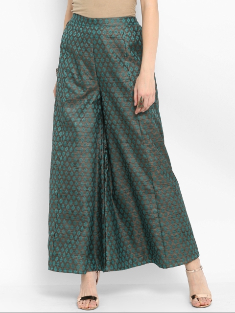 

Abhishti Women Coffee Brown & Green Self Design Flared Palazzos