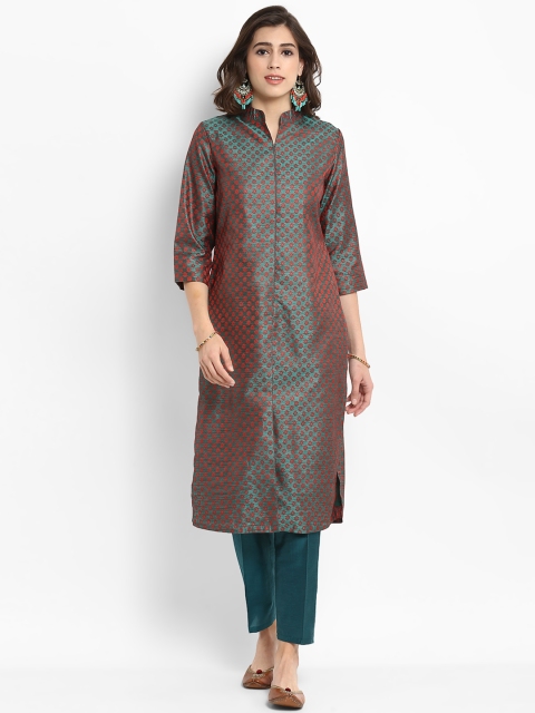 

Abhishti Women Green & Maroon Woven Design Straight Kurta