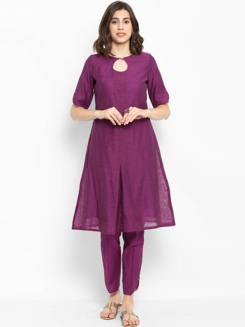 

Abhishti Women Purple Solid A-Line Jacquard Weave Kurta