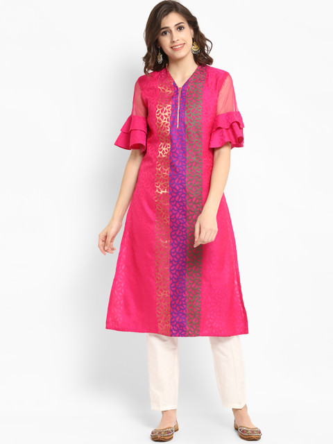 

Abhishti Women Pink Woven Design A-Line Jacquard Weave Kurta