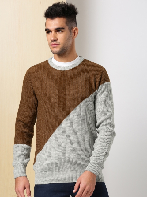 

INVICTUS Men Grey & Brown Colourblocked Pullover