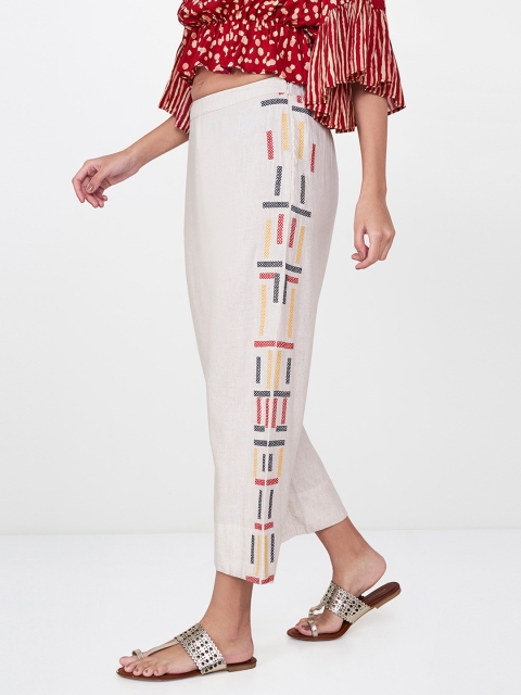 

Global Desi Women Off-White Regular Fit Embroidered Regular Trousers