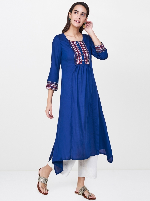 

Global Desi Women Blue Woven Design A-Line Kurta