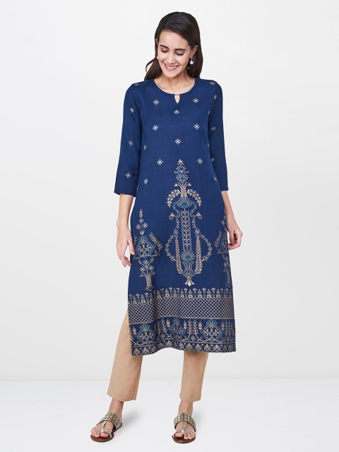 

Global Desi Women Navy Printed Straight Kurta, Navy blue
