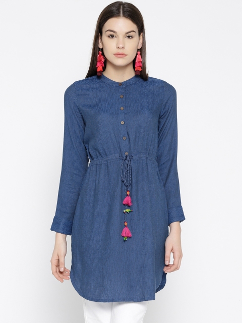 

Global Desi Women Blue Self Design Fit and Flare Dress