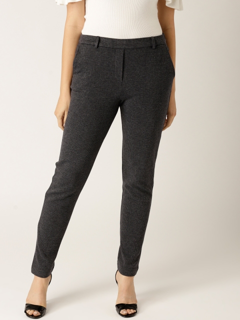 

ESPRIT Women Charcoal Grey & Navy Blue Regular Fit Checked Trousers