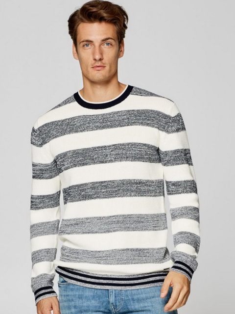 

ESPRIT Men Off-White & Grey Melange Striped Pullover