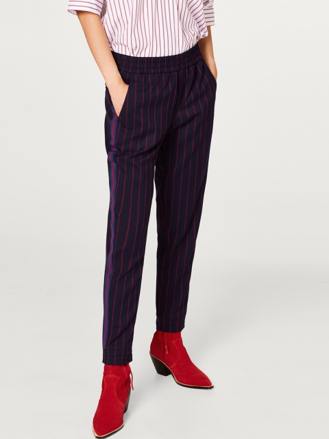

ESPRIT Women Navy Blue & Maroon Regular Fit Striped Trousers