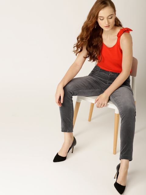 

ESPRIT Women Charcoal Grey Corduroy Skinny Fit Solid Regular Trousers
