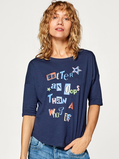 

ESPRIT Women Navy Blue Printed Round Neck T-shirt