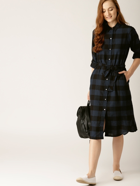 

ESPRIT Women Black & Blue Checked Shirt Dress