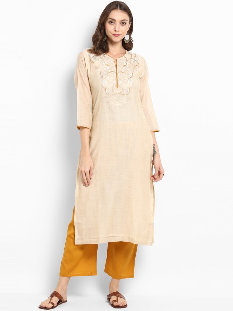 

Bhama Couture Women Beige Embroidered Kurta with Trousers