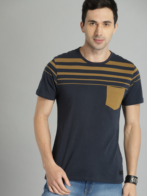 

Roadster Men Navy & Olive Striped Round Neck T-shirt, Navy blue
