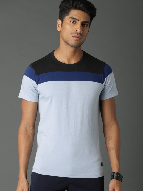 

Roadster Men Blue Black Colourblocked Round Neck Pure Cotton T-shirt