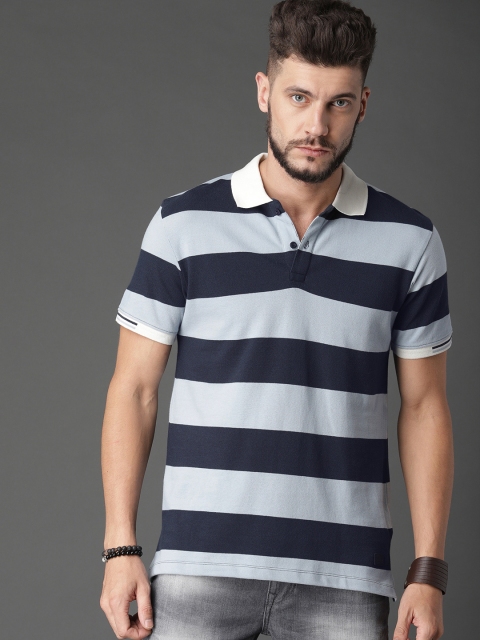 

Roadster Men Blue Striped Polo Collar T-shirt