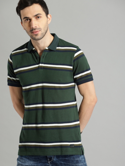 

Roadster Men Green White Striped Polo Collar Pure Cotton T-shirt
